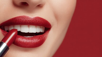 Obraz premium A close-up view captures a woman applying vibrant red lipstick. Her lips are beautifully accentuated, highlighting her flawless teeth against a striking red background
