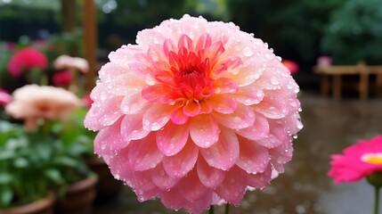 A bright pink dahlia in full bloom, petals covered in shimmering water beads, background softly diffused with pale cream and warm beige, creating a gentle, glowing effect.
