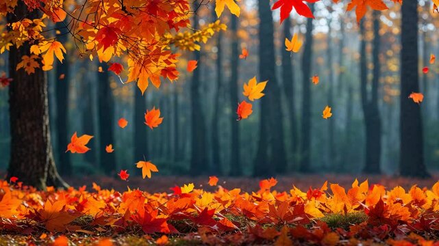 Vibrant Autumn Leaves Dancing in a Tranquil Forest Background