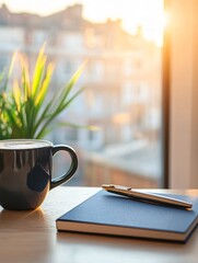 Warm sunlight illuminates coffee mug notebook and pen on desk