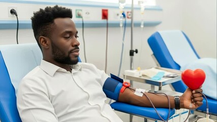 Young man donating blood at a medical facility, holding a small red heart, representing the life saving impact of blood donation and the spirit of generosity and compassion