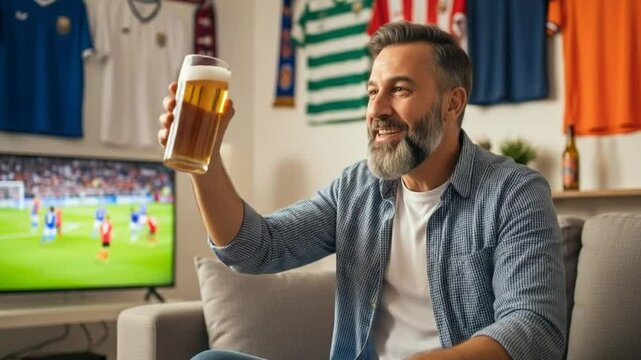 A happy man raises a beer while watching a soccer game on television