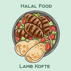 Lamb Kofte, a delightful halal dish featuring seasoned ground lamb grilled to perfection, offering a juicy and flavorful experience