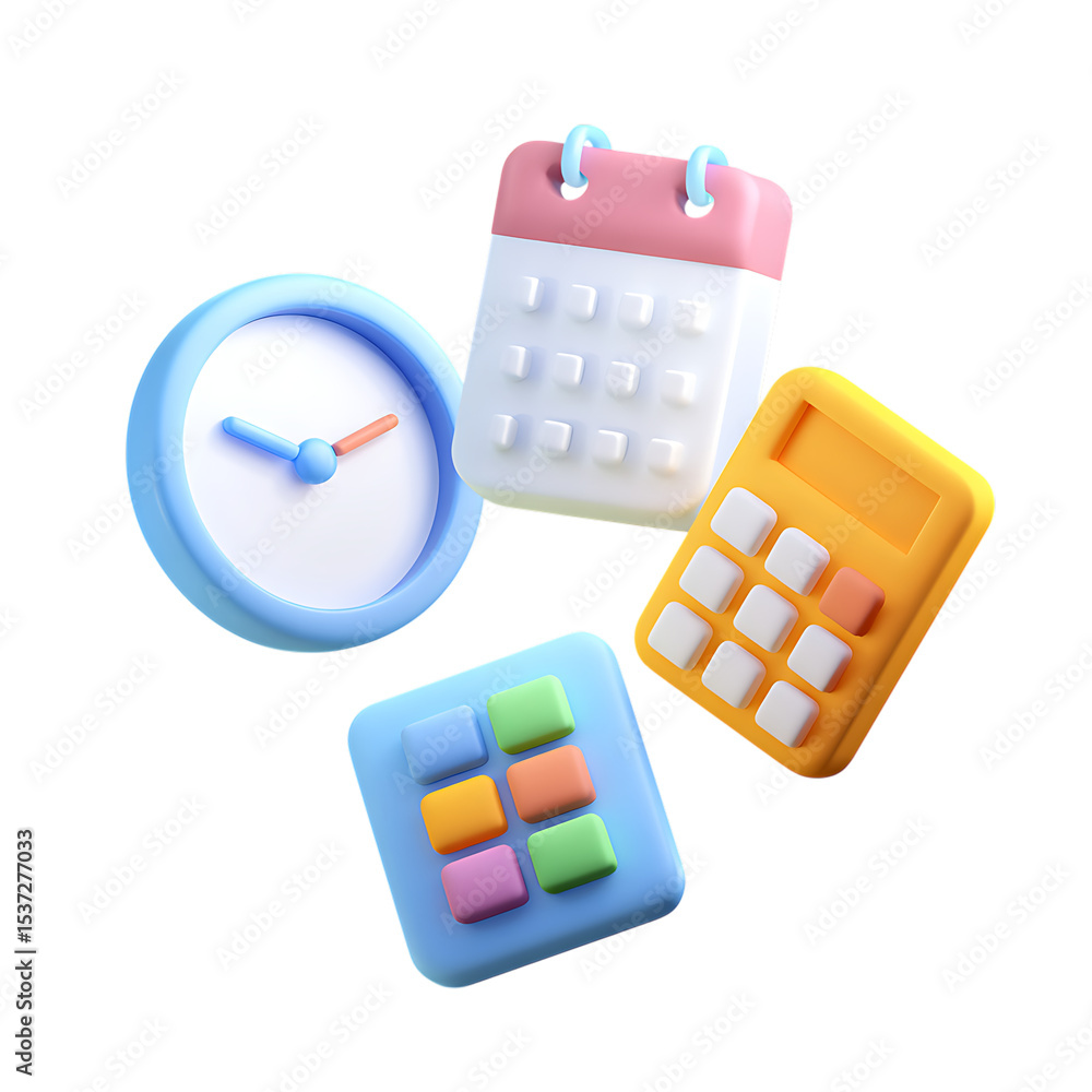 Poster colorful 3d icons clock calendar calculator isolated on transparent background