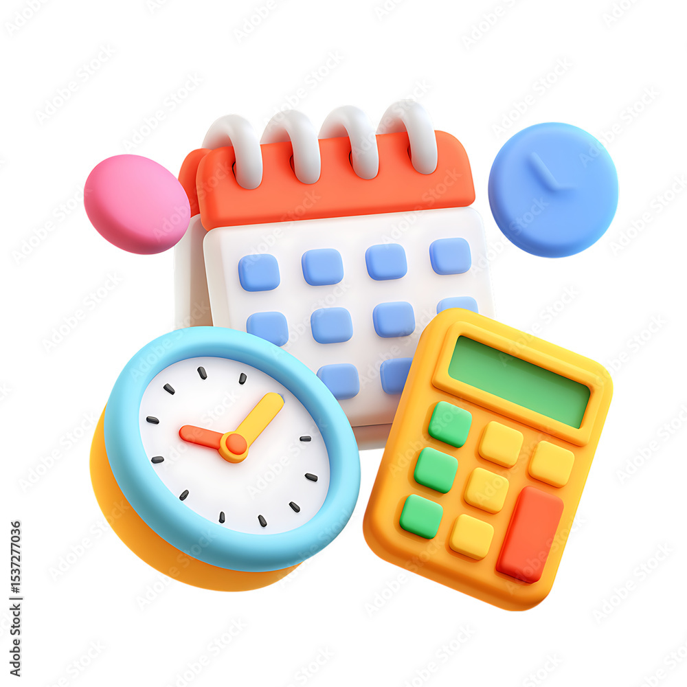 Poster colorful 3d render of calendar clock calculator isolated on transparent background