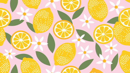 Seamless pattern of yellow lemons, white flowers, and green leaves on a light pink background, repeated design