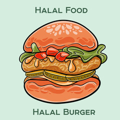 A Halal burger features a patty prepared according to Islamic dietary laws, ensuring meat is halal. Served with various toppings and sauces in a bun.