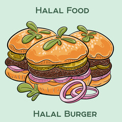 A Halal burger features a patty prepared according to Islamic dietary laws, ensuring meat is halal. Served with various toppings and sauces in a bun.