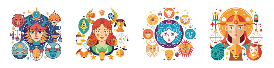 Zodiac Signs Flat Illustration Set Minimalist Astrology Symbols & Horoscope Collection