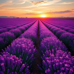 Naklejka premium A vast Lavender field with endless rows in full bloom, at sunset.