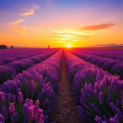 Fototapeta premium A vast Lavender field with endless rows in full bloom, at sunset.
