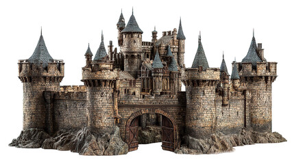 Fototapeta premium Intricate miniature castle with stone towers and a gated entrance on a rock base.
