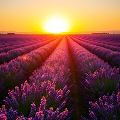 Fototapeta premium A vast Lavender field with endless rows in full bloom, at sunset.