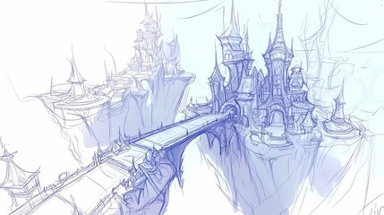 Fototapeta premium Floating city architectural sketch in light blue ink.