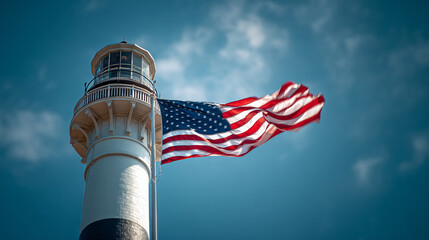 American flag waving from the top of a lighthouse with clear blue sky. 
