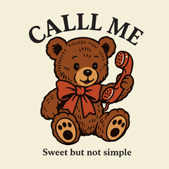 Cute Retro Bear Illustration with Phone – "Call Me"