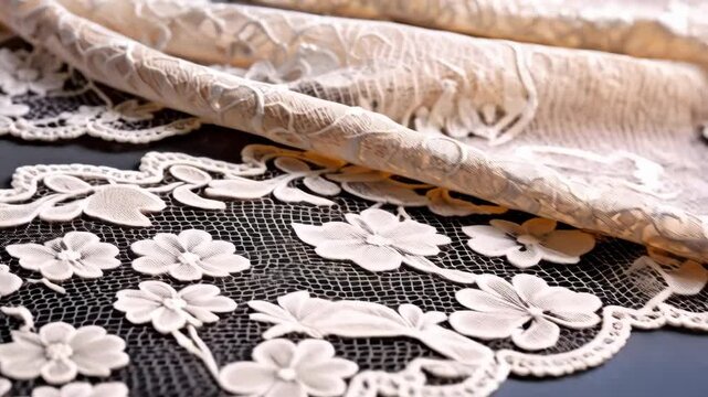 Close-up of off-white floral lace fabric draped on a dark surface displaying intricate textured pattern