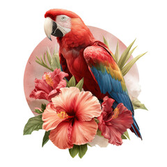 Obraz premium Scarlet macaw parrot perched among vibrant hibiscus flowers with tropical leaves, colorful feathers and detailed natural beauty in decorative composition