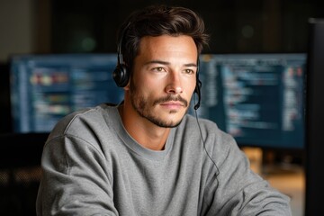Obraz premium Focused software developer working late at night