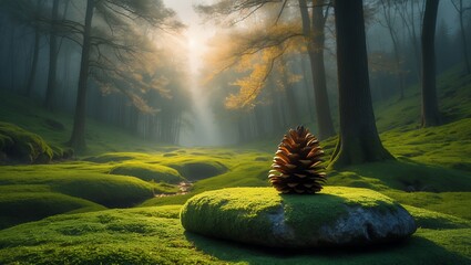 Pine Cone Resting on Mossy Stone in a Foggy Forest Scene