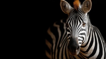 Naklejka premium Zebra showcases its unique black and white stripes complemented by an orange mane, set against a dramatic dark background