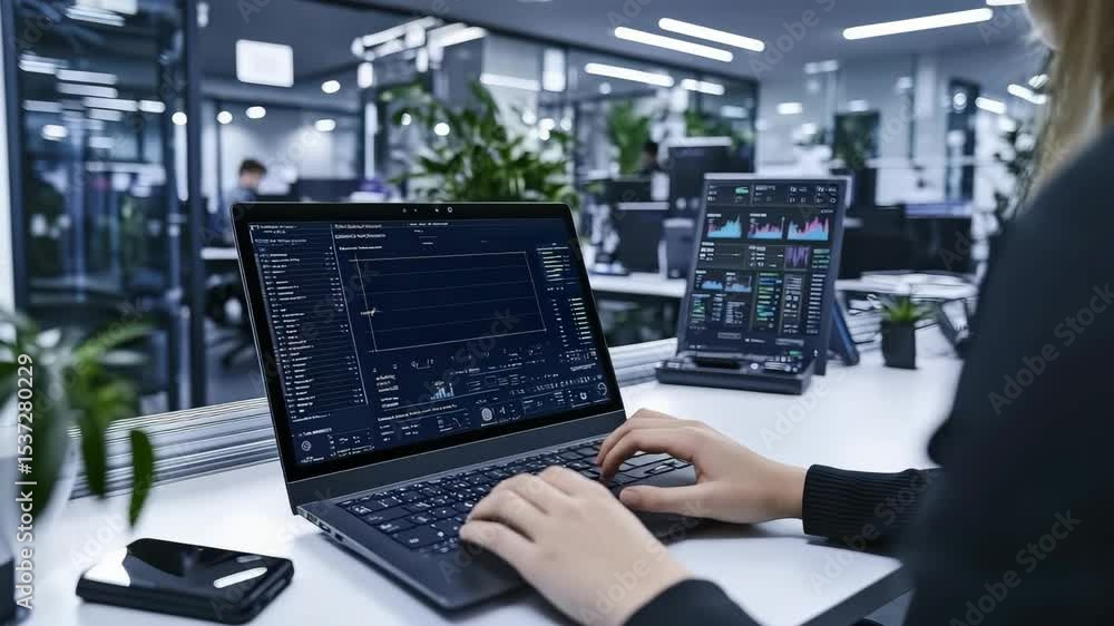 Aufkleber a person works on a laptop analyzing data charts in a modern, bright office with monitors and digita