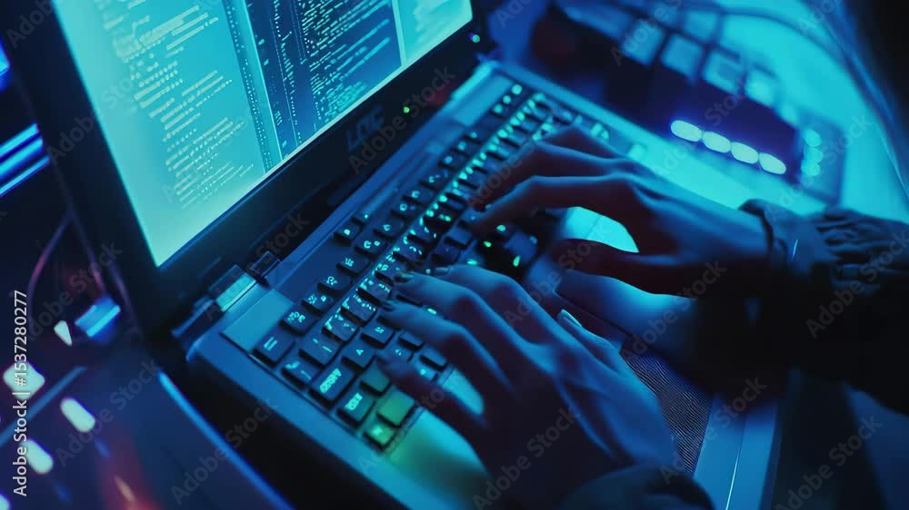 Poster A person types code on a laptop with a bright blue light illuminating the keyboard and screen in a dark setting.