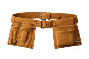 Studio shot of an empty, rugged, suede tool belt with metal rivets and buckles, isolated on a transparent background