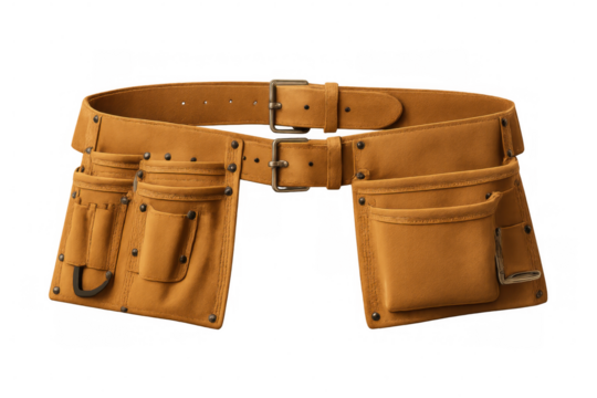 Studio shot of an empty, rugged, suede tool belt with metal rivets and buckles, isolated on a transparent background