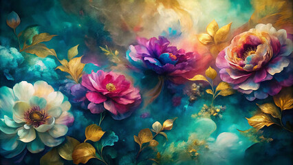 Vibrant floral painting with teal and gold accents