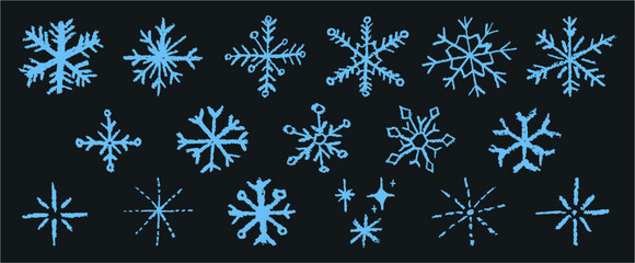 Christmas snowflake set with wax blue crayon or charcoal texture. Quirky chalkboard style, perfect for kindergarten Xmas crafts, cards and holiday designs. Vector illustration drawn as if by a child