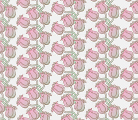 Vector seamless pattern from pink and green tulip flowers on a silver background