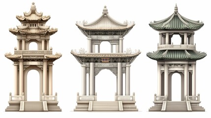 Three detailed oriental architectural structures.