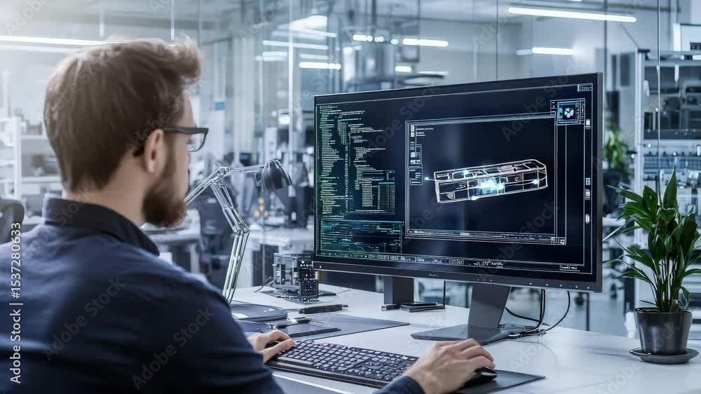 Poster A man works at a modern computer workstation designing a 3D technical model on a large monitor in a bright office.