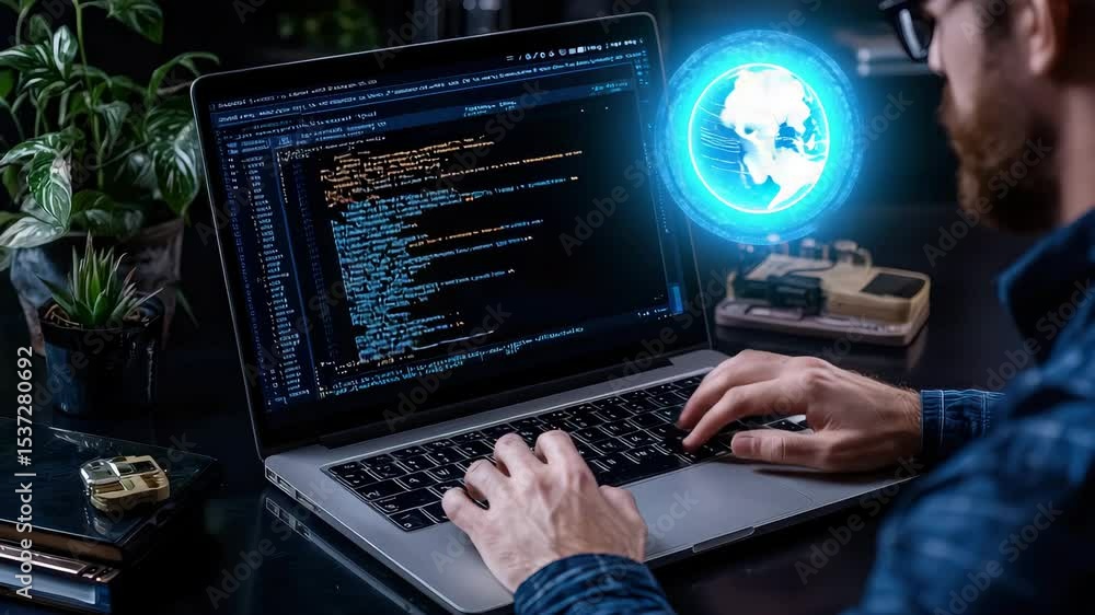 Aufkleber A person is typing code on a laptop with programming scripts on the screen and a digital globe hovering beside them.