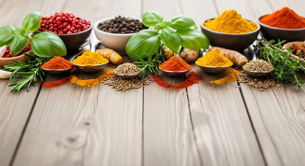 Variety of spices, herbs, and seasonings arranged on wooden surface, showcasing culinary ingredients and flavors, ideal for food blog or recipe website