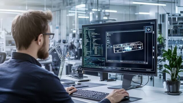 A man works at a modern computer workstation designing a 3D technical model on a large monitor in a bright office.