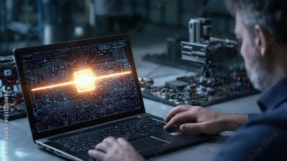 Poster A person works on a laptop displaying a glowing microchip graphic, suggesting advanced technology or computer engineering.