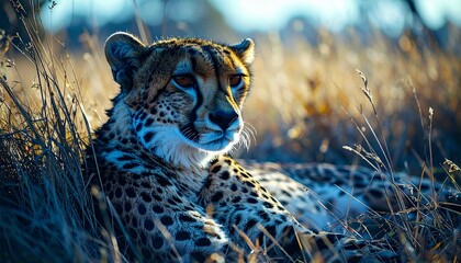 Majestic Cheetah Resting in Tall Grass Under Golden Sunlight