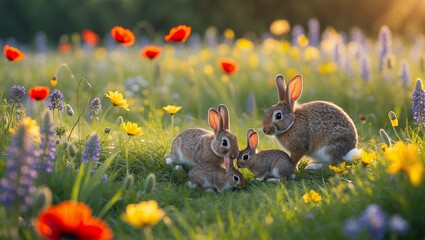 Rabbit family in flower meadow at sunset enjoying spring time