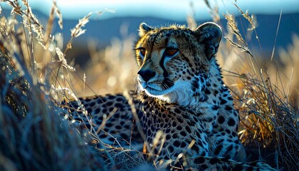 Majestic Cheetah Resting in Tall Grass Under Golden Sunlight