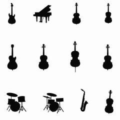 Silhouette Icons of Musical Instruments Including Piano, Drum, Guitar, Violin, Saxophone