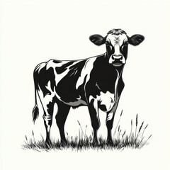 Black and white cow standing in a grassy field during a sunny afternoon in a rural landscape