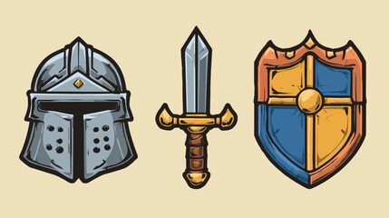 Obraz premium Medieval armor set featuring a helmet, sword, and shield designed for historical reenactments or decorative purposes