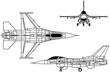 General_Dynamics_F-16_Fighting_Falcon_3-view_line_drawing-svg vector file.svg