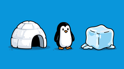 Penguin stands next to an igloo and a block of ice on a bright blue background in a playful cartoon style