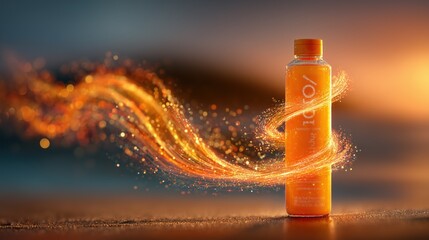 Bright Orange Beverage Bottle Surrounded by Magical Energy Sparks at Sunset

