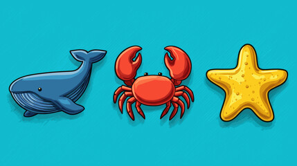 Colorful marine animals including a whale, crab, and starfish on a bright blue background are featured in this vibrant illustration