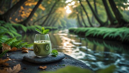 Kiwi smoothie on rock with stream view in autumn forest
