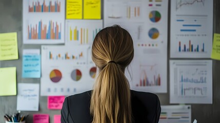 Woman studying charts and graphs on a wall.